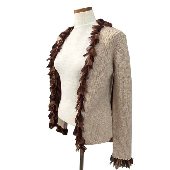 Boden Lambswool Fringe Knit Cardigan Sweater S Beige Quiet Luxury Fall Designer - Picture 11 of 13
